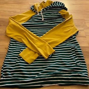 Green and mustard cowl neck sweater